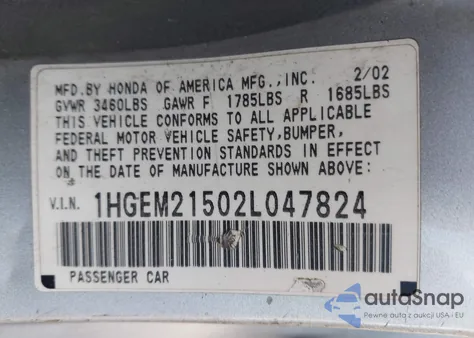 2002 Honda Civic Lx from USA, damaged, VIN 1HGEM21502L047824
